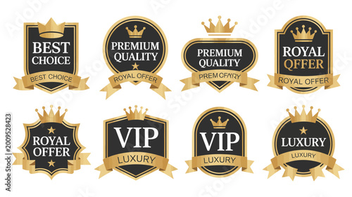 Foto A collection of eight golden and black badges or labels featuring crowns ribbons