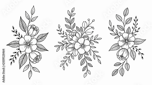 Fotografía A minimalist black and white illustration depicts three separate floral arrangem