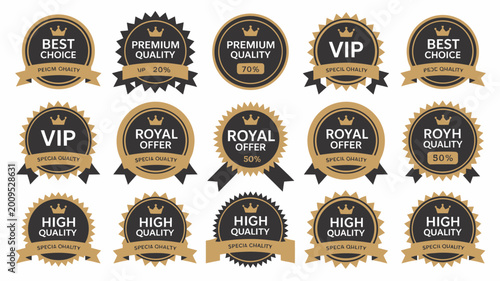 Photography An assortment of twelve golden badges and labels displaying various quality endo