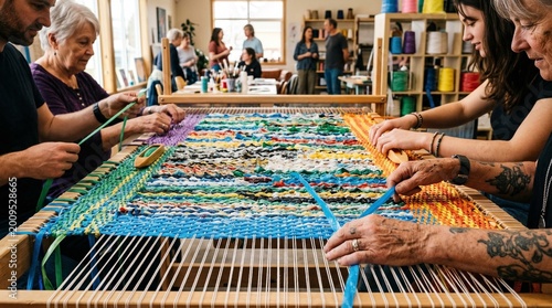 Diverse Group Weaving Colorful Textile on Loom in Workshop