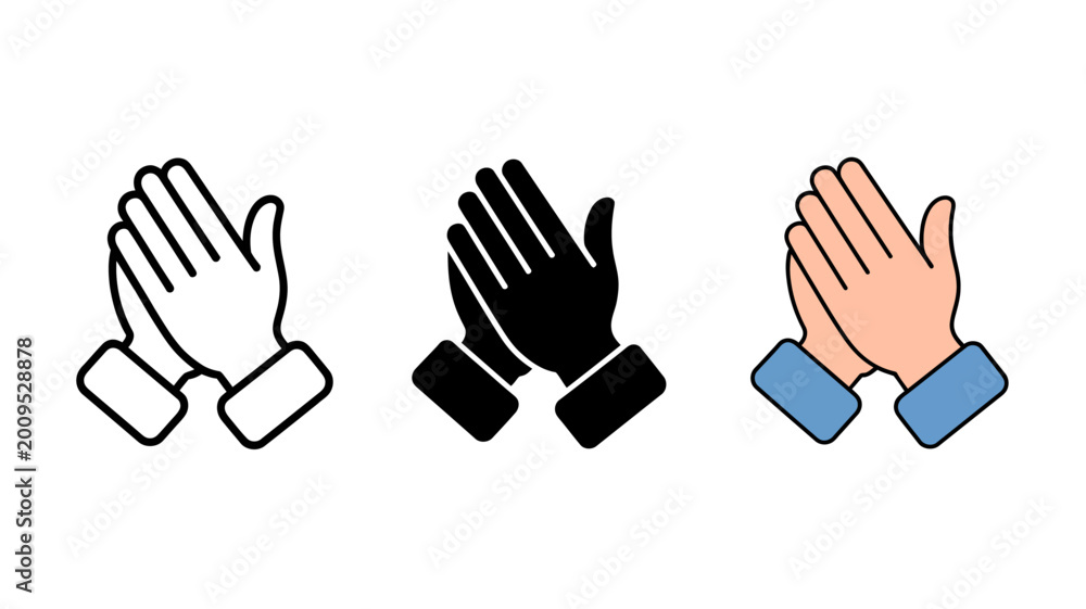 Fototapeta premium This image displays three variations of hands clasped together in a prayer or applause gesture shown in outline solid black and color high quality professional detailed