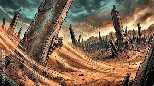 Sci-Fi Explorer Climbing Ruined Structure on Desolate Alien Planet