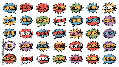 Fotografi A colorful collection of comic book speech bubbles displaying various onomatopoe
