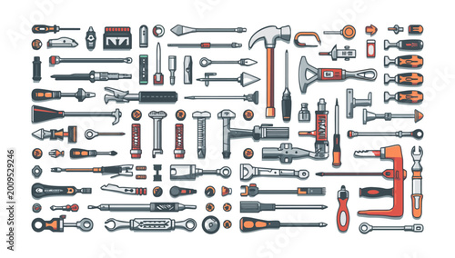 Fotografie A comprehensive set of various tools and equipment arranged neatly on a clean white background with a focus on detailed illustrations
