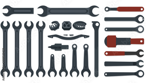 Schilderij op canvas A flat lay of various tools and equipment set, including wrenches, screwdrivers, and other hardware, arranged neatly on a clean white background