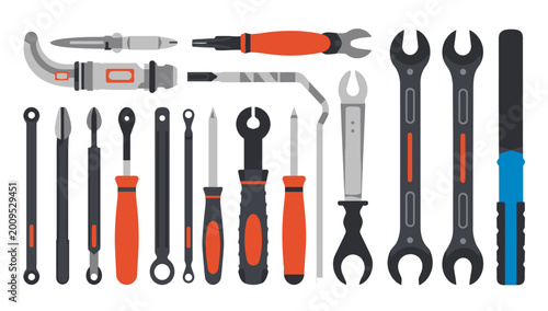 Photos A set of tools and equipment, including wrenches, pliers, screwdrivers, and other hand tools, arranged neatly on a clean white background