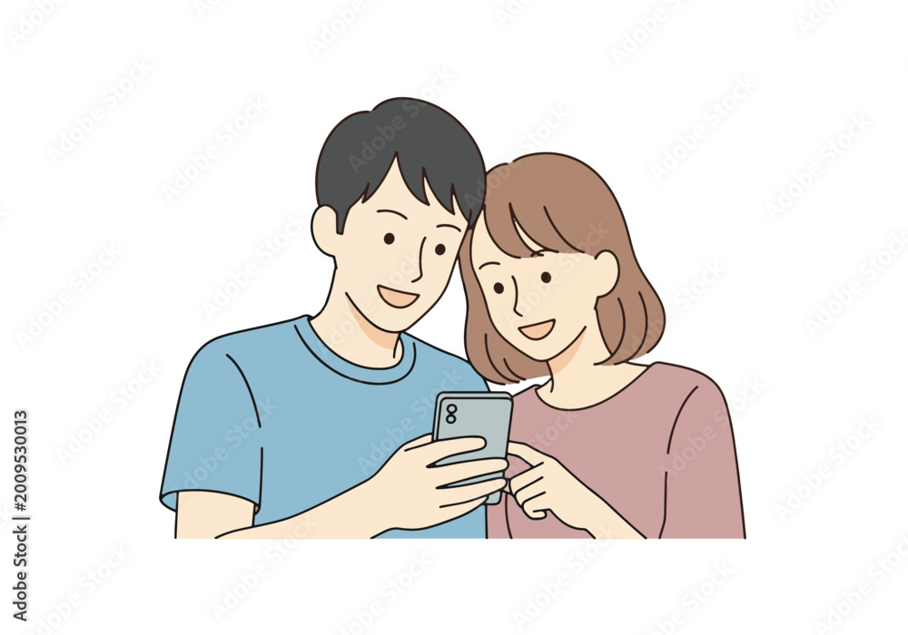 Obraz premium A man and woman are looking at a smartphone screen together, smiling and engaged. The illustration style is simple and clean.