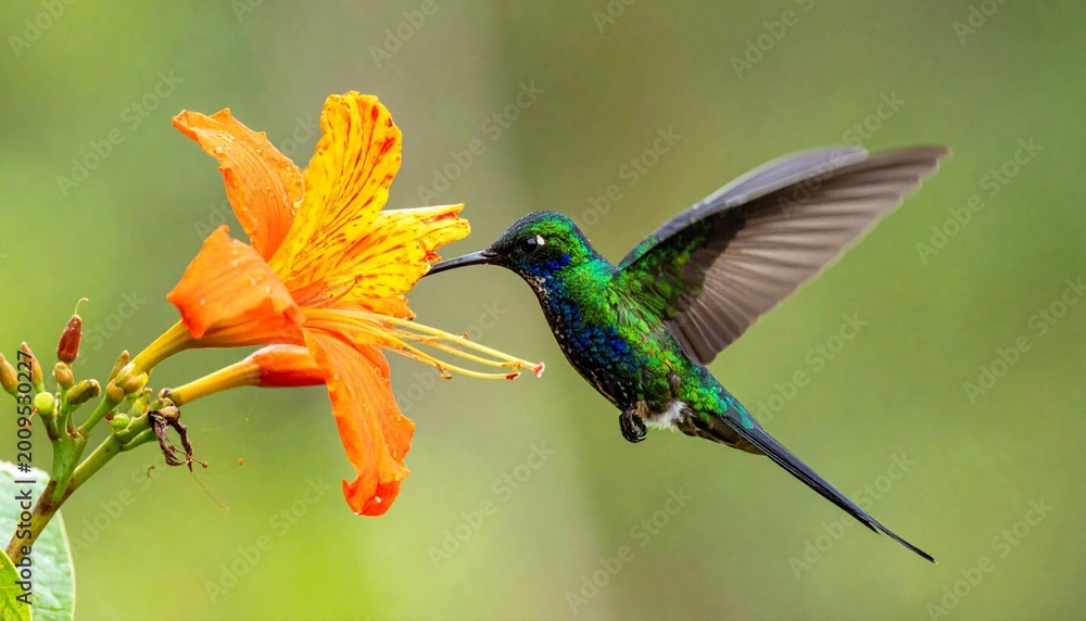 Fototapeta premium A hummingbird hovering mid-air near a bright orange flower, captured with sharp detail and natural lighting, showcasing motion and delicate beauty.