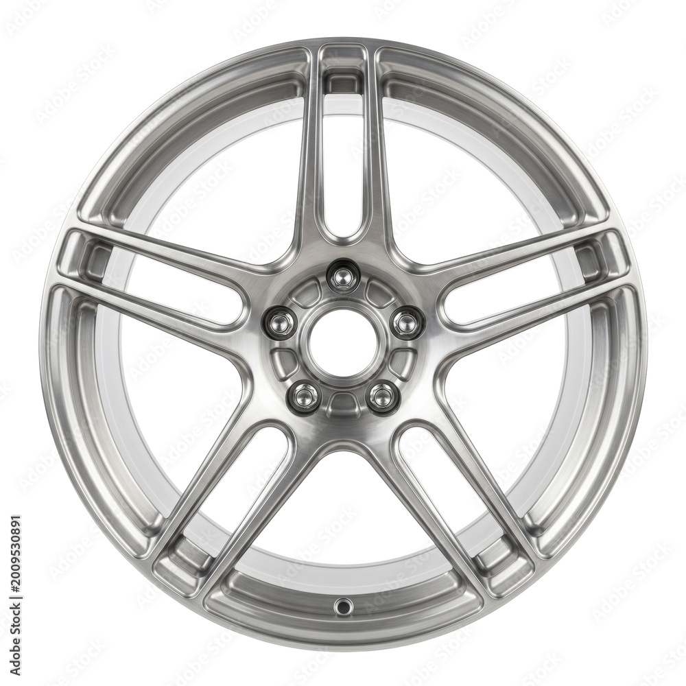 Obraz premium Silver five spoke alloy car wheel rim on transparent background