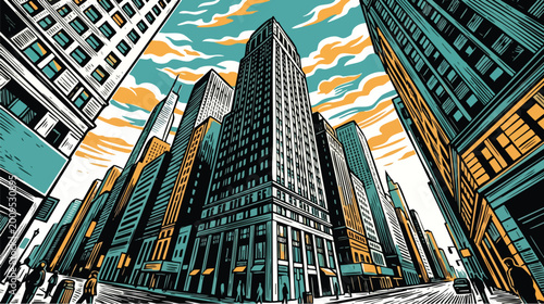 Tableau sur toile Vibrant urban cityscape with tall skyscrapers and dynamic sky