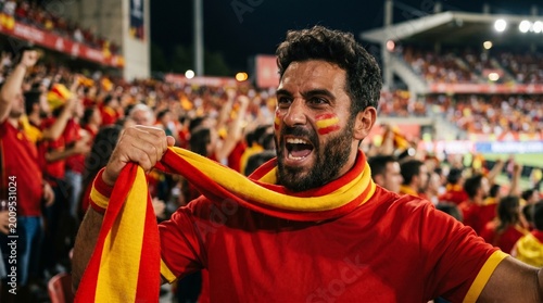 A Spanish fan with the colors of the flag painted on his face, cheering for the national team in the stadium. concept of support and passion for the sport.