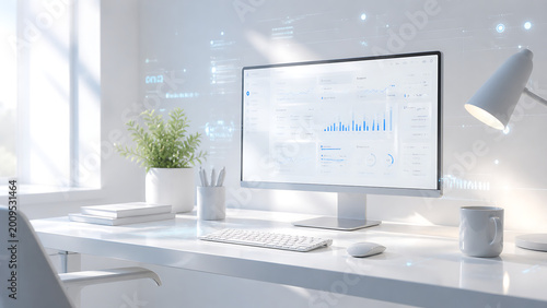 Modern office workspace with computer monitor and data analysis on screen with white desk and lamp