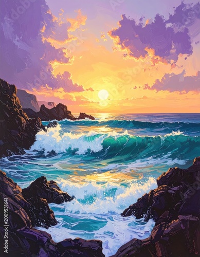 Vibrant sunset paints the ocean with crashing waves against rocky shores