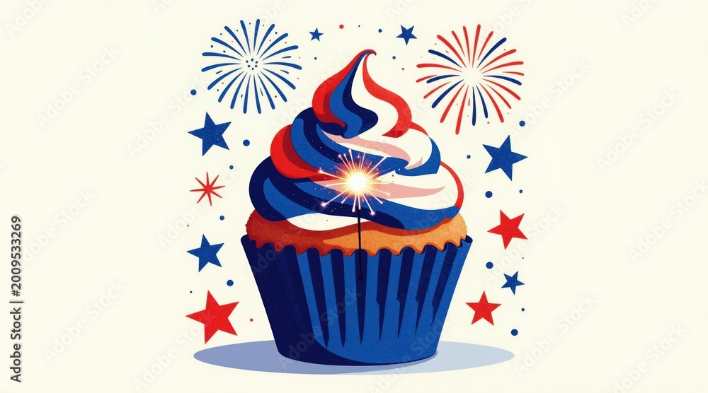 Obraz premium Patriotic cupcake with sparkler and fireworks. Red white blue frosting and stars for Independence Day celebration. Dessert graphic for July fourth holiday party invitation.