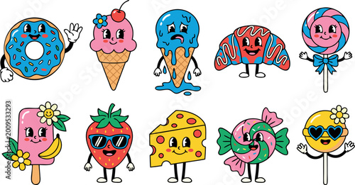 Tableau sur toile Retro Style Cartoon Mascot Characters Set Featuring Sweet Treats Ice Cream Donut