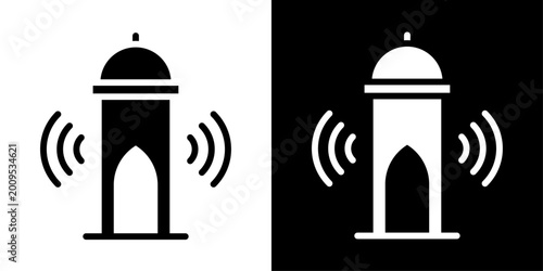 Tableau sur toile Azan icon in solid fill style showing mosque minaret with sound waves, representing Islamic call to prayer, adhan, worship and Muslim spirituality