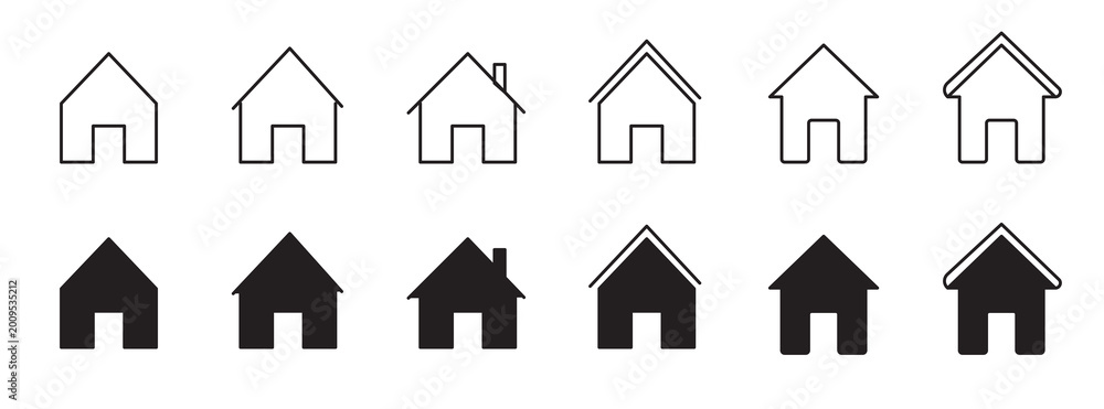 Fototapeta premium Home House Icons Set Outline and Solid Black Real Estate Building Symbol Vector Collection