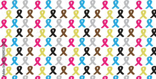 Cancer Awareness Ribbon Seamless Pattern in Multicolor and Monochrome for Print Textile and Wallpaper Background.