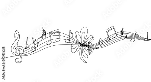 Photography Elegant music notes flowing on staff with floral accent, single line art
