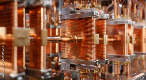 Heavy copper electrical busbar assembly inside a high-voltage power distribution cabinet with polished rectangular conductor bars stacked in parallel rows with ceramic insulator standoffs, warm raking