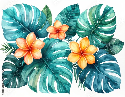 Vibrant tropical foliage with three bright orange blossoms on a white background