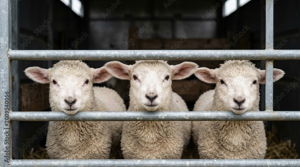 Obraz premium Three young sheep with fluffy white wool standing behind a metal fence inside a barn, with straw visible on the ground and dim lighting illuminating the scene