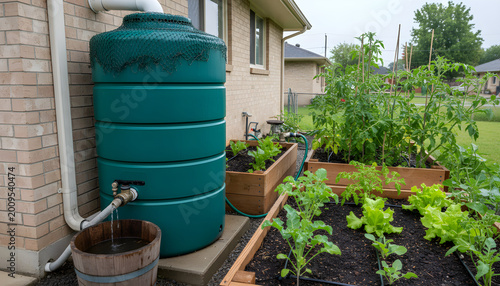Rain barrel collecting water for backyard vegetable garden