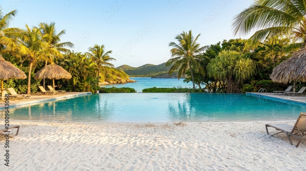 Fototapeta premium Infinity pool overlooking tropical bay with palm trees
