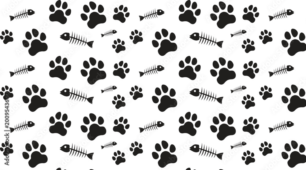 Fototapeta premium Cat paw print seamless pattern with fish skeleton on white background black and white vector.