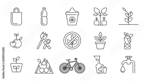Vector illustration set focused on eco-friendly lifestyle: reusable bag, glass bottle, compost bin, no plastic symbol, organic food, gardening tools, plant care, eco shopping, bicycle transport, water