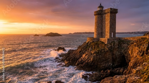 Lighthouse on rocky coast at sunset