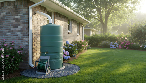 Rain barrel collecting water for sustainable garden irrigation