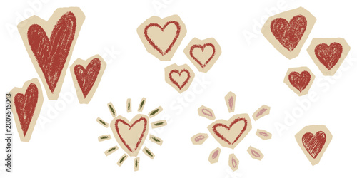 Hand Drawn Set of Heart Stickers and Cutout Paper Scraps. Aesthetic Cottagecore and Zine Collection for Scrapbook, Journal and Magazine. Whimsical Crayon Texture Vector Illustration.