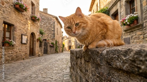 Ginger cat sitting on stone wall in old European town