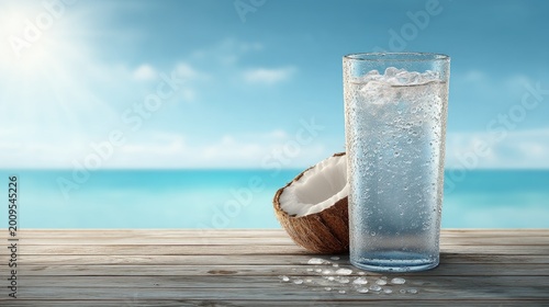 Refreshing Coconut Water in Glass Against Tropical Background with Sea and Sunlight for Summer Vibes and Healthy Lifestyle