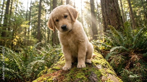 Golden retriever puppy sitting on a mossy log in a forest
