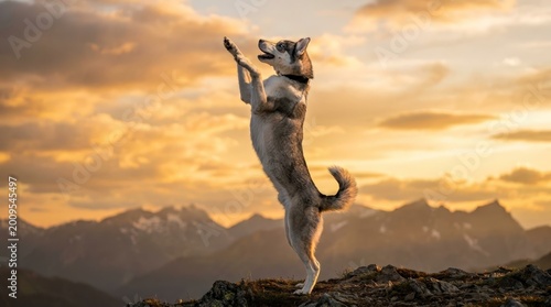 Husky dog standing on hind legs in mountains at sunset