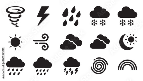 Black weather icons set displaying tornado lightning rain snow sun wind clouds and moon phases.