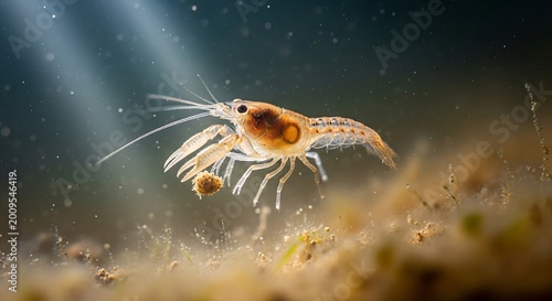 Closeup of small shrimp underwater.