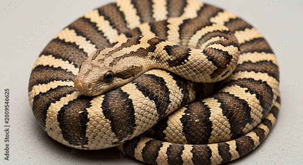 Fototapeta premium Coiled Striped Snake Closeup Portrait.