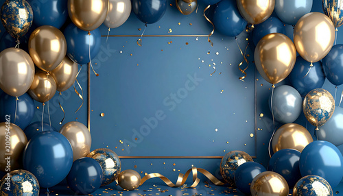 Elegant celebration background with blue and gold balloons, confetti, and a central copy space frame.