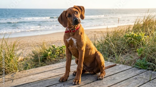 Rhodesian Ridgeback dog sitting on a boardwalk at the beach
