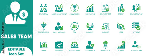 Sales team icon set. prospect, conversion, sales report, marketing, funnel, lead generation, illustration, collection,and solid icons.