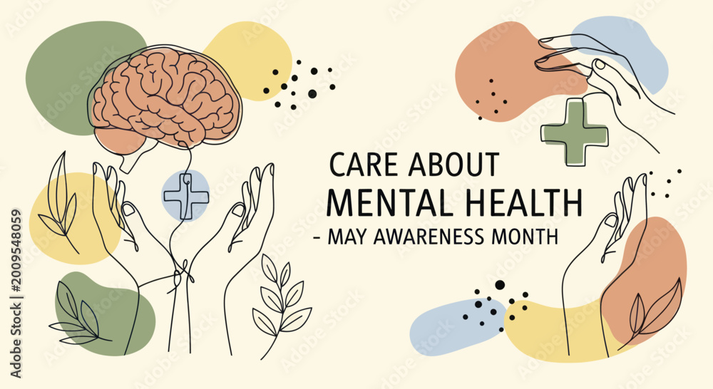 Fototapeta premium Mental Health Awareness Month concept with brain and hands.