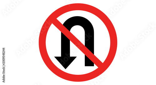 Red circular prohibition sign with a black u turn symbol and a diagonal red line indicating no u turns allowed