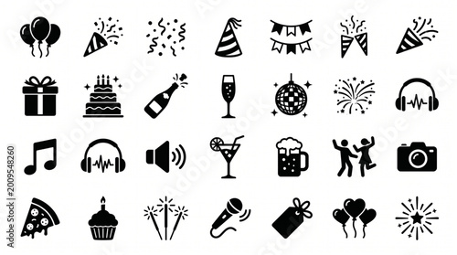 Bild auf Leinwand Party celebration icon set black and white flat pictogram isolated on white back
