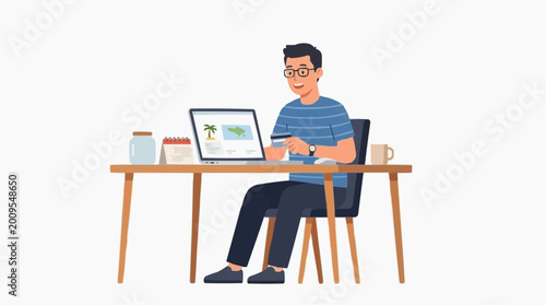A man engaged in an online transaction. This illustration captures the modern convenience and ease of digital commerce.