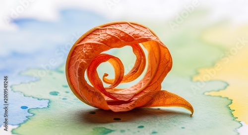 Fresh orange peel curl on surface.