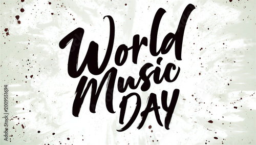 Creative handwritten world music day typography design with artistic brush lettering and paint splatter texture
