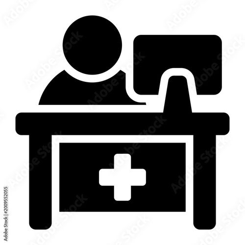 medical reception glyph icon. staff at hospital reception desk. patient registration and clinic service. hospital and healthcare